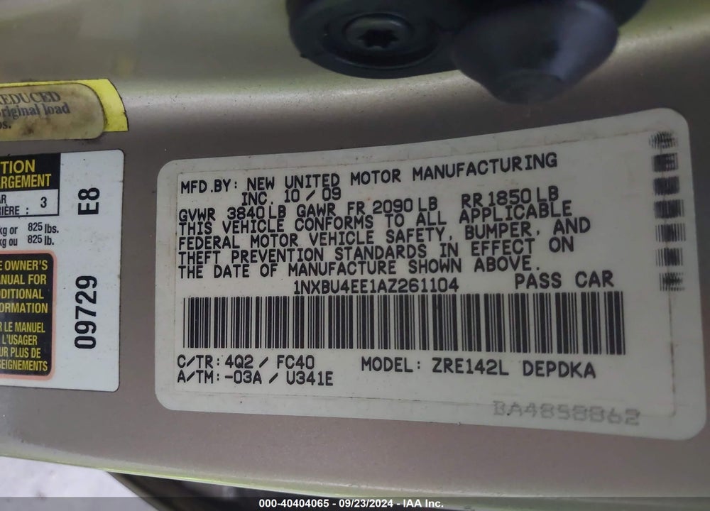 2010 TOYOTA COROLLA LE VIN: 1NXBU4EE1AZ261104