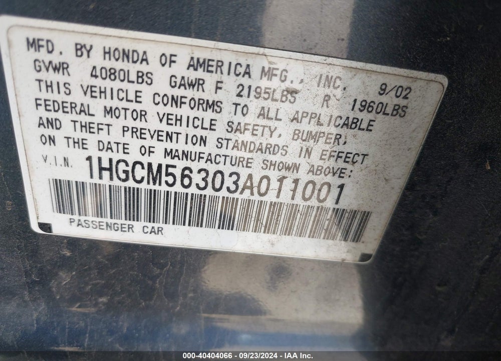 2003 HONDA ACCORD 2.4 LX VIN: 1HGCM56303A011001
