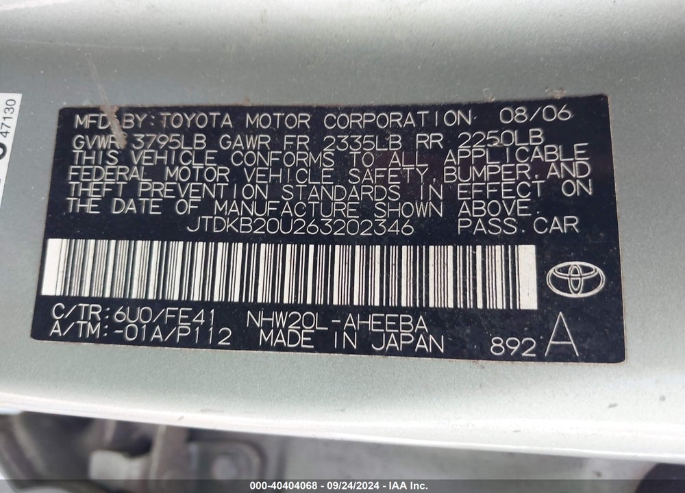 2006 TOYOTA PRIUS VIN: JTDKB20U263202346