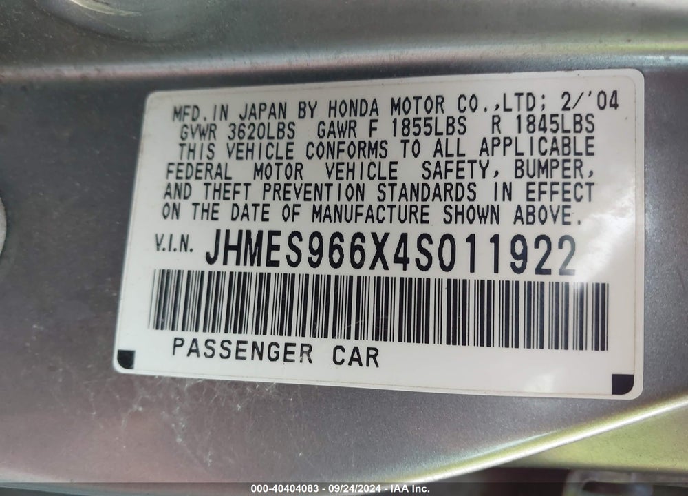 2004 HONDA CIVIC HYBRID VIN: JHMES966X4S011922