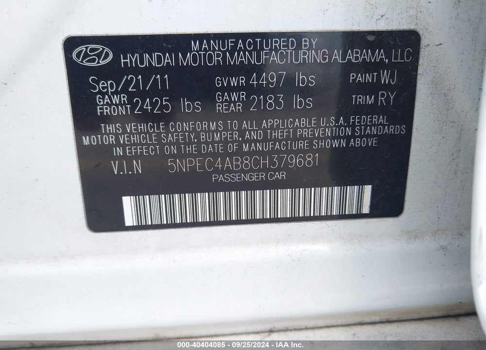 2012 HYUNDAI SONATA LIMITED 2.0T VIN: 5NPEC4AB8CH379681