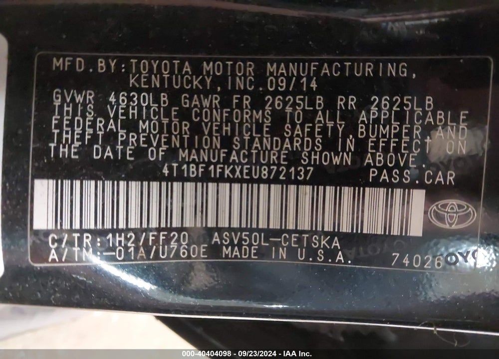 2014 TOYOTA CAMRY SE VIN: 4T1BF1FKXEU872137