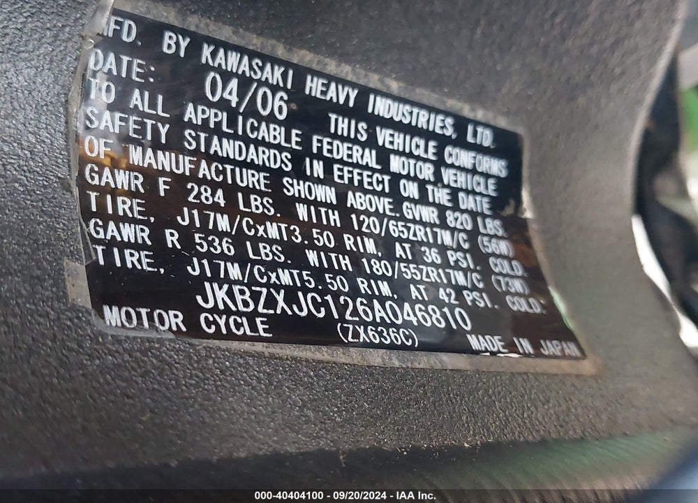2006 KAWASAKI ZX636 C1 VIN: JKBZXJC126A046810