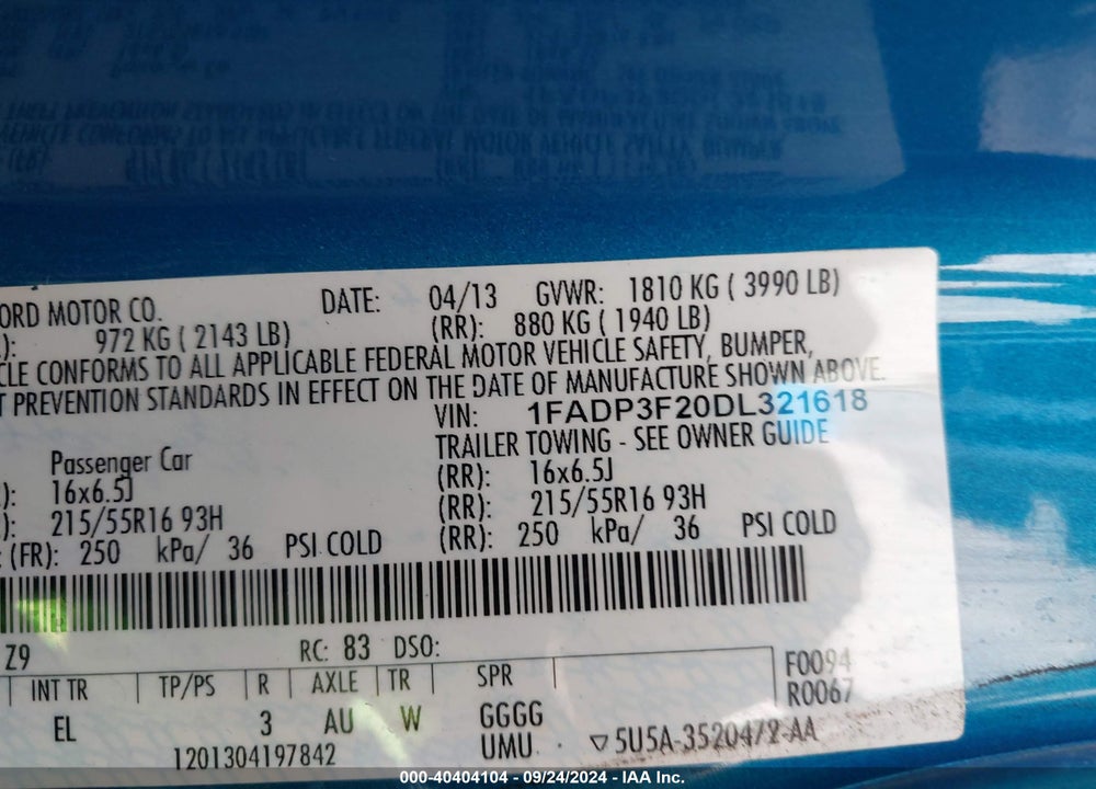 2013 FORD FOCUS SE VIN: 1FADP3F20DL321618