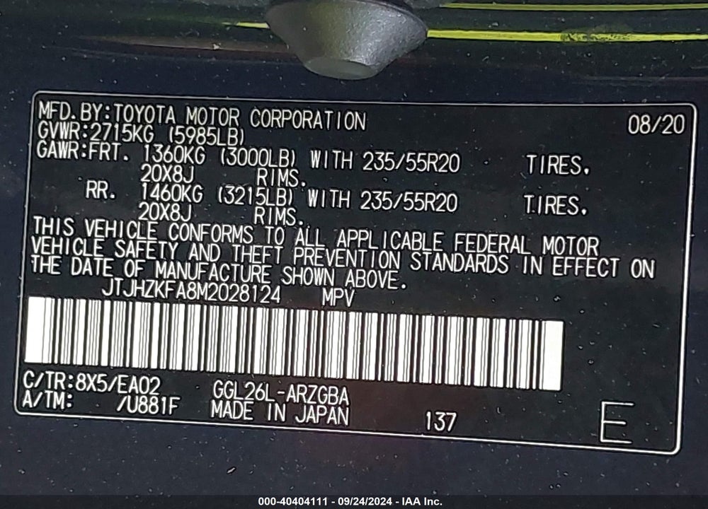 2021 LEXUS RX 350L VIN: JTJHZKFA8M2028124
