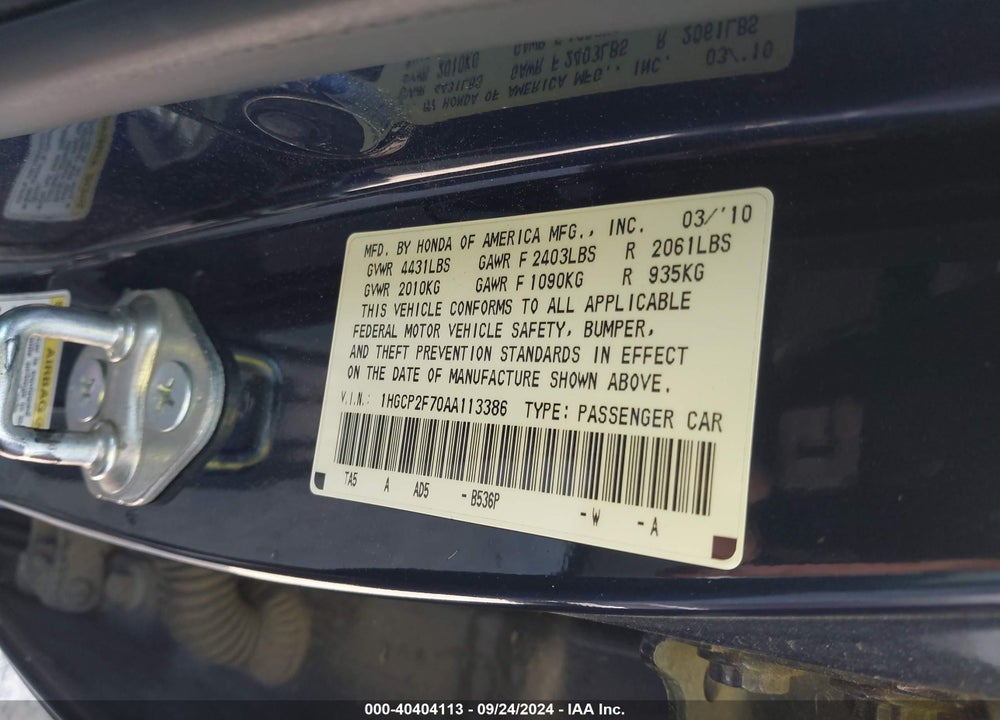 2010 HONDA ACCORD 2.4 EX VIN: 1HGCP2F70AA113386