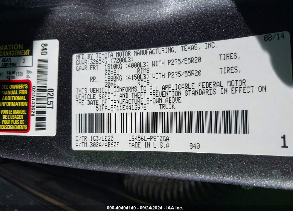 2014 TOYOTA TUNDRA PLATINUM 5.7L V8 VIN: 5TFAW5F11EX413978