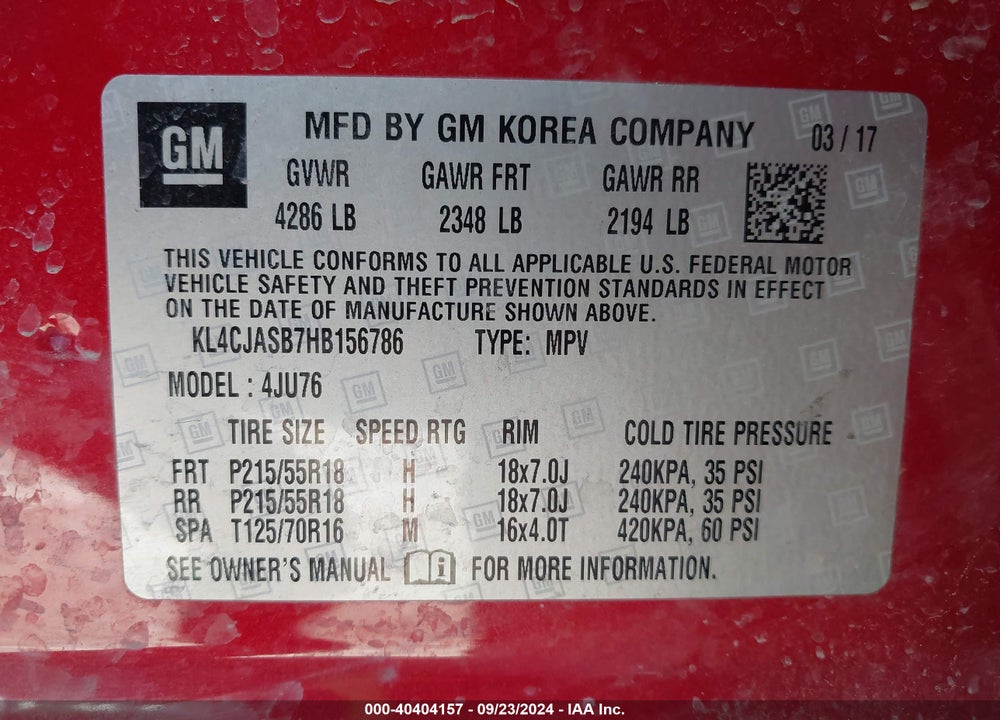 2017 BUICK ENCORE PREFERRED VIN: KL4CJASB7HB156786