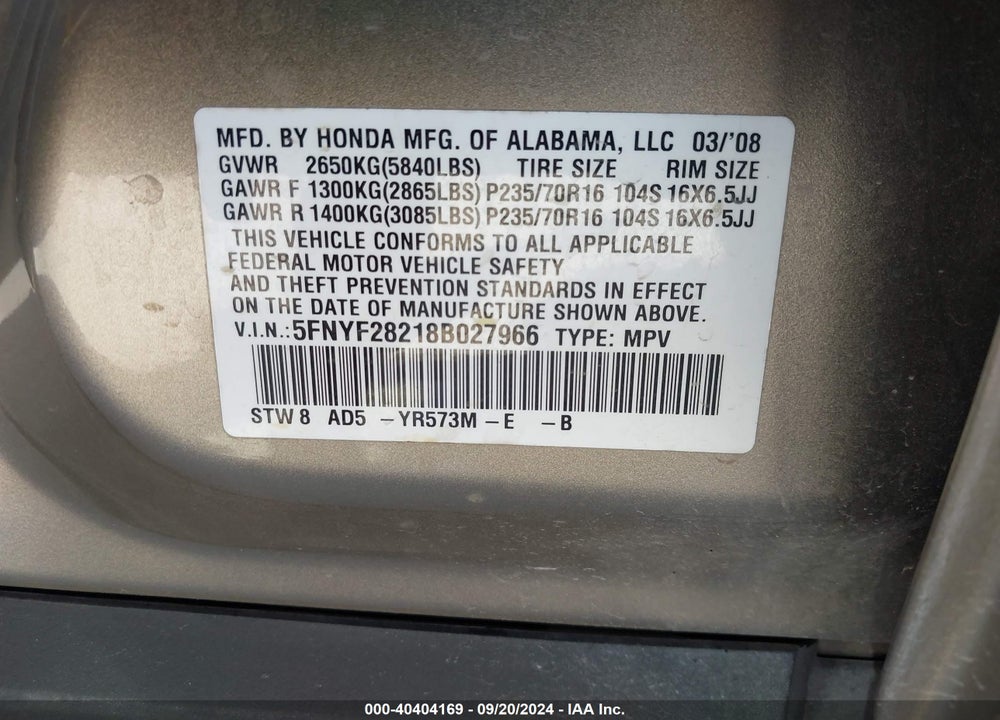 2008 HONDA PILOT VIN: 5FNYF28218B027966
