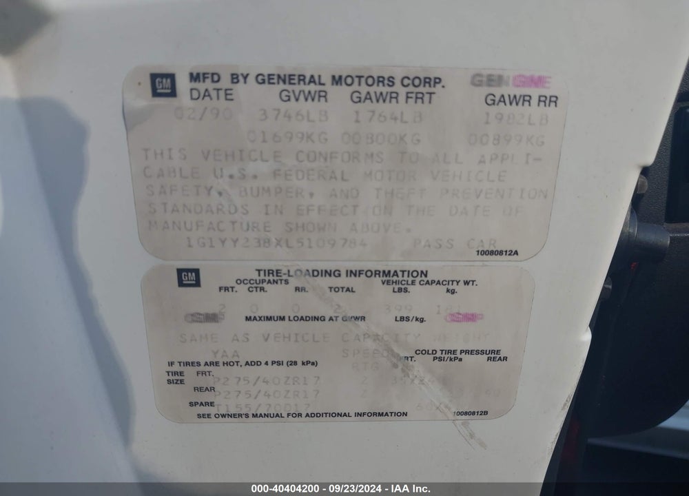 1990 CHEVROLET CORVETTE VIN: 1G1YY238XL5109784
