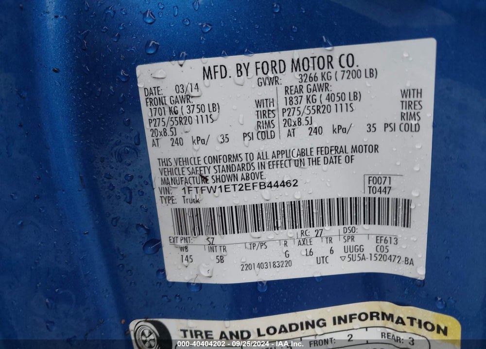 2014 FORD F-150 VIN: 1FTFW1ET2EFB44462