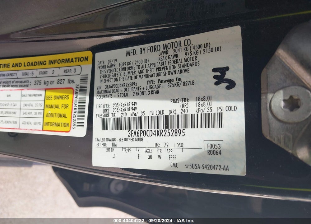 2019 FORD FUSION SEL VIN: 3FA6P0CD4KR252895