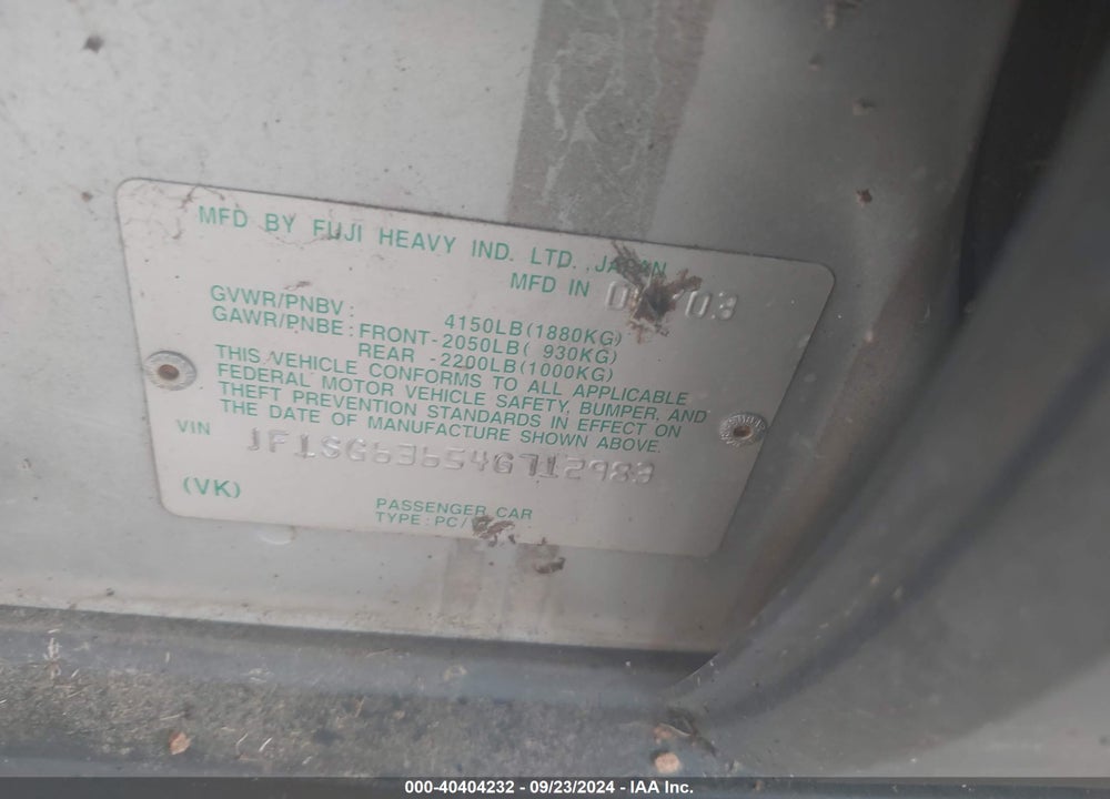 2004 SUBARU FORESTER 2.5X VIN: JF1SG63654G712983