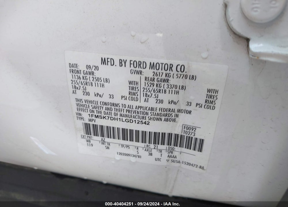 2020 FORD EXPLORER XLT VIN: 1FMSK7DH1LGD12542