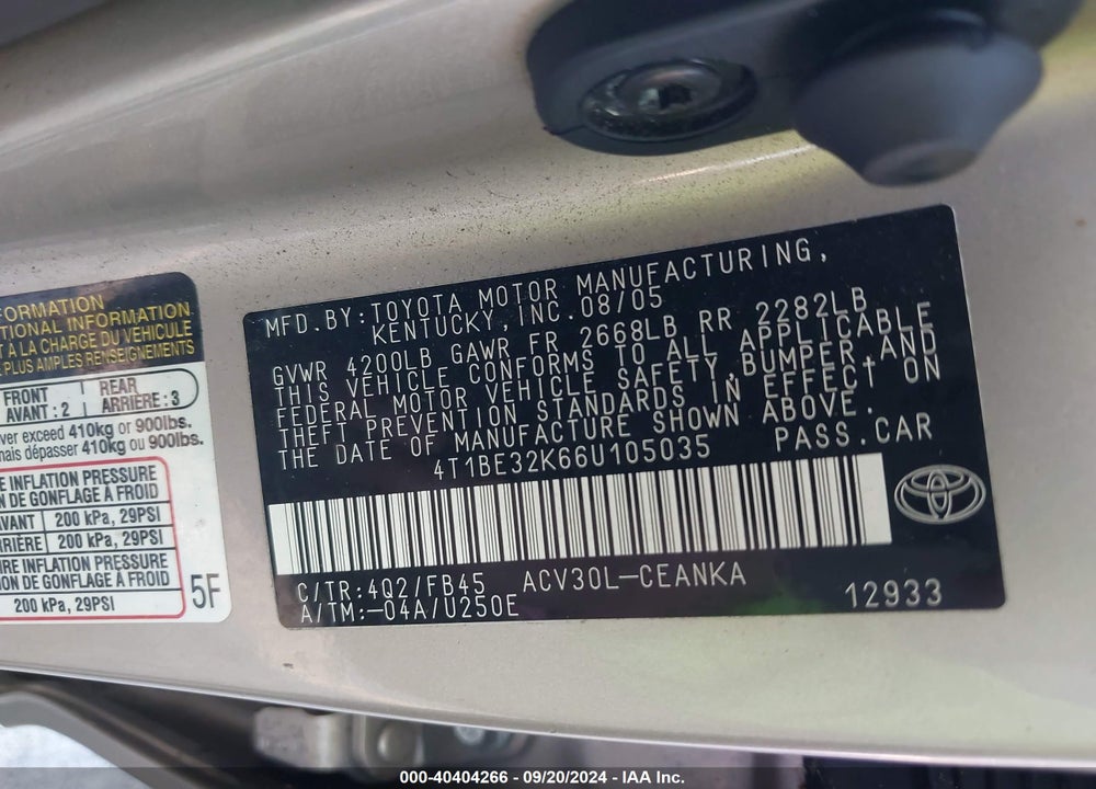 2006 TOYOTA CAMRY LE VIN: 4T1BE32K66U105035