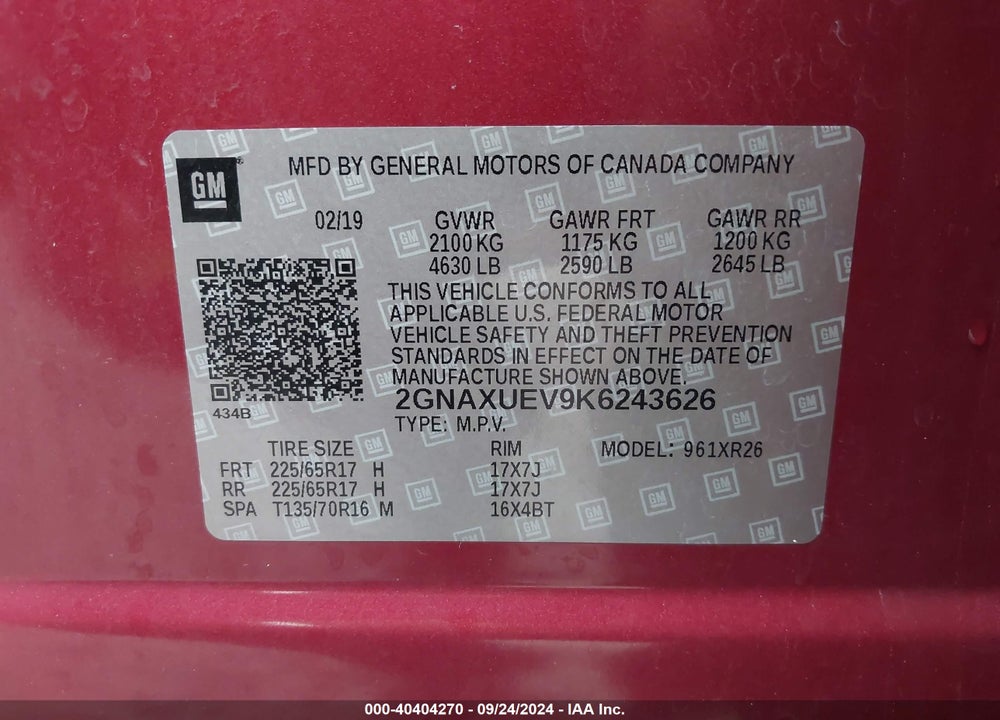 2019 CHEVROLET EQUINOX LT VIN: 2GNAXUEV9K6243626