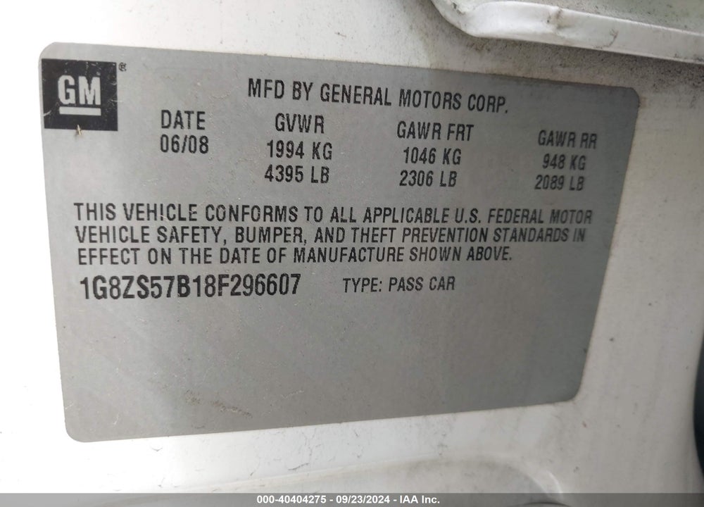 2008 SATURN AURA XE VIN: 1G8ZS57B18F296607