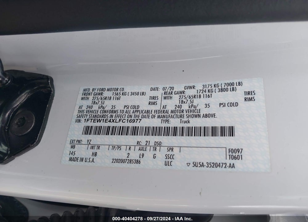 2020 FORD F-150 LARIAT VIN: 1FTEW1E4XLFC16977