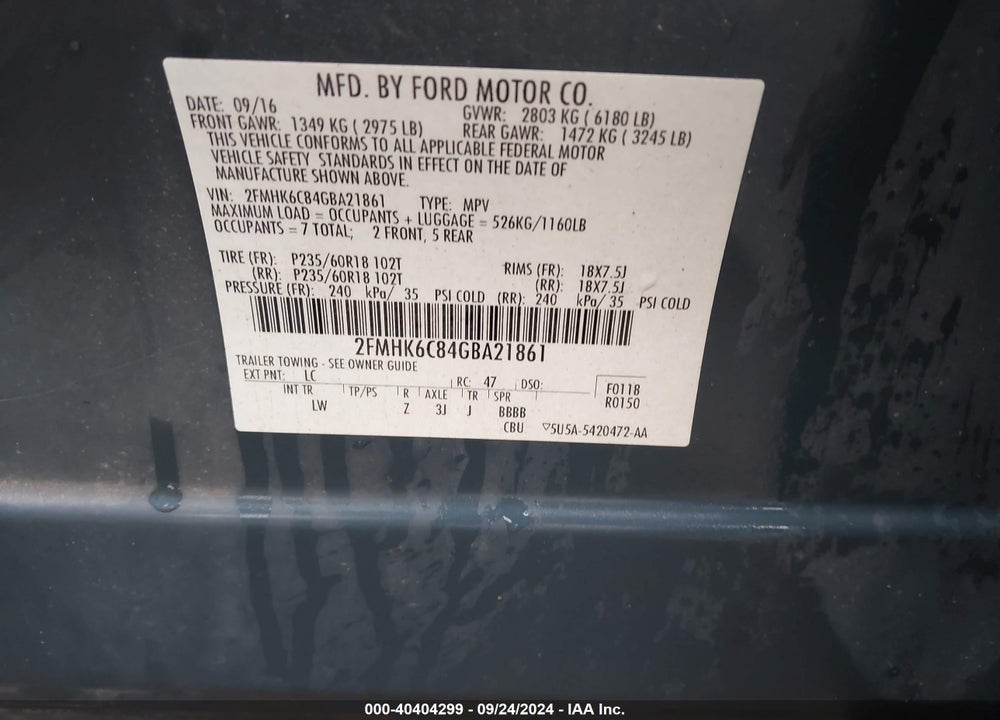 2016 FORD FLEX SEL VIN: 2FMHK6C84GBA21861