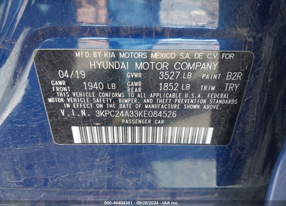 2019 HYUNDAI ACCENT VIN: 3KPC24A33KE084526