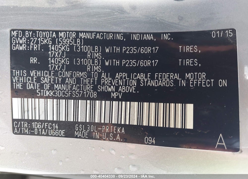 2015 TOYOTA SIENNA LE 8 PASSENGER VIN: 5TDKK3DC5FS571708