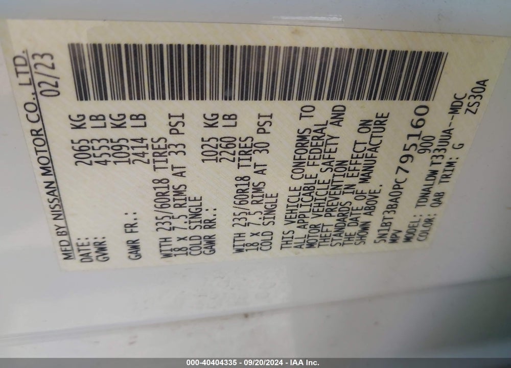 2023 NISSAN ROGUE SV FWD VIN: 5N1BT3BA0PC795160