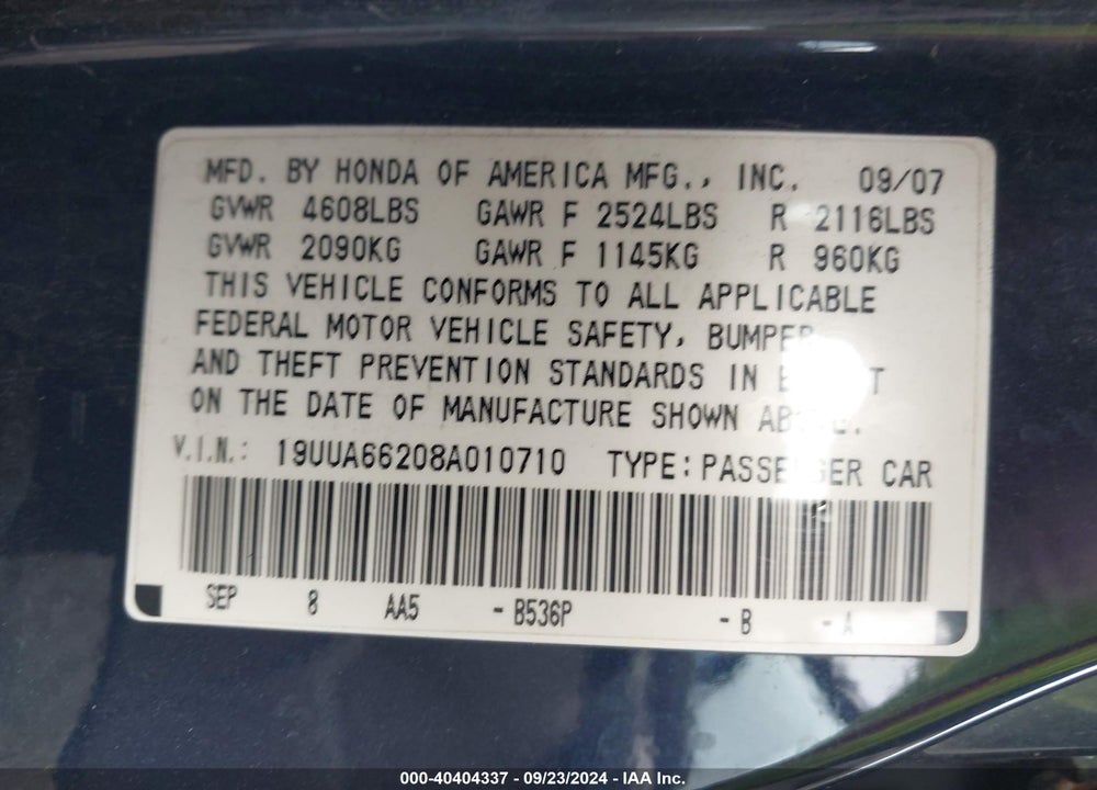 2008 ACURA TL 3.2 VIN: 19UUA66208A010710