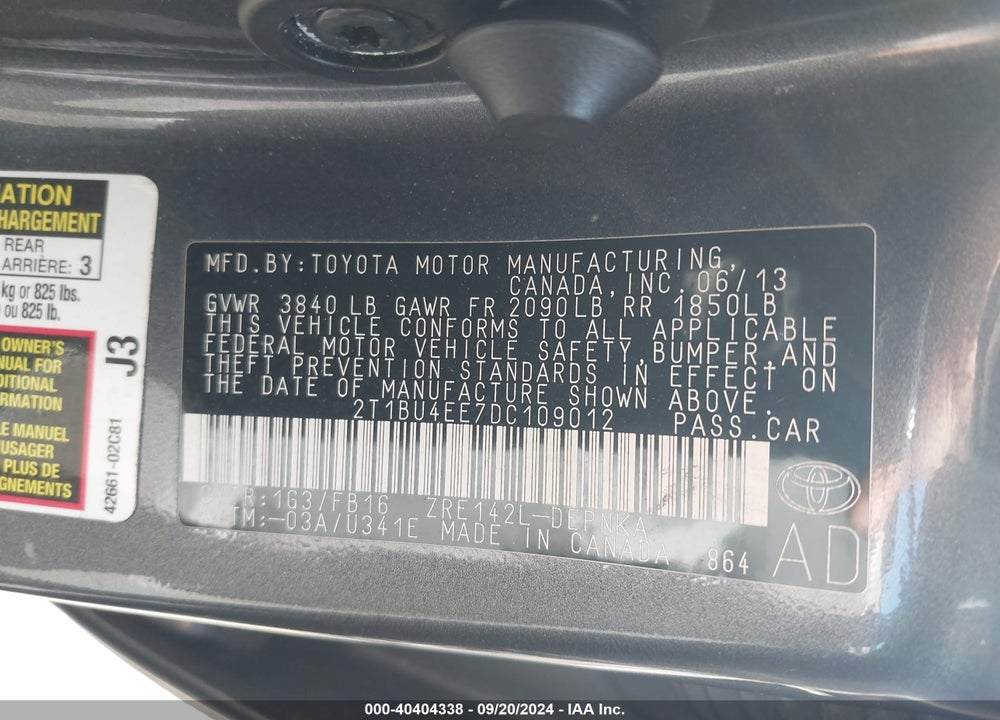 2013 TOYOTA COROLLA LE VIN: 2T1BU4EE7DC109012