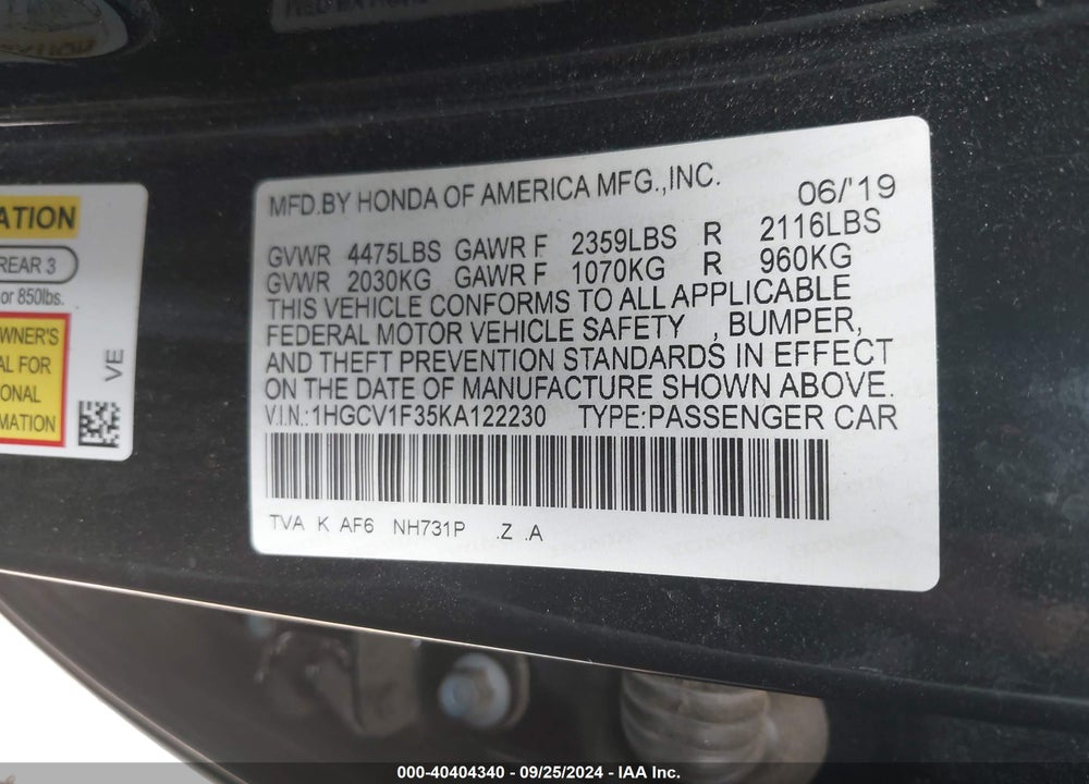 2019 HONDA ACCORD SPORT VIN: 1HGCV1F35KA122230