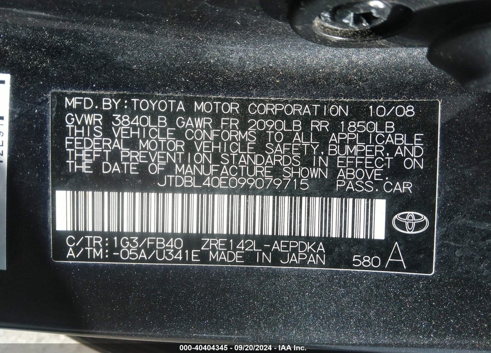 2009 TOYOTA COROLLA LE VIN: JTDBL40E099079715