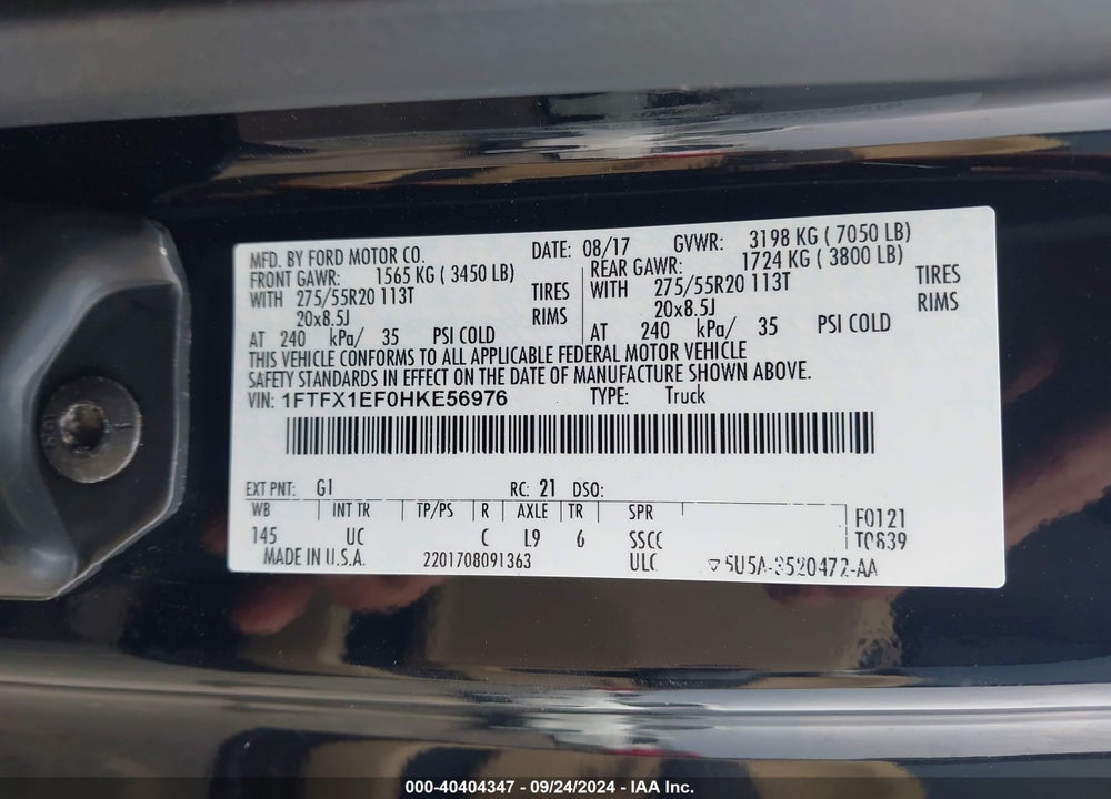 2017 FORD F-150 XLT VIN: 1FTFX1EF0HKE56976