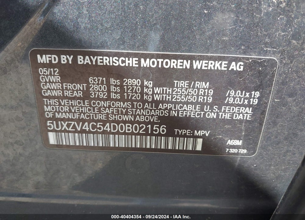 2013 BMW X5 XDRIVE35I/XDRIVE35I PREMIUM/XDRIVE35I SPORT ACTIVITY VIN: 5UXZV4C54D0B02156
