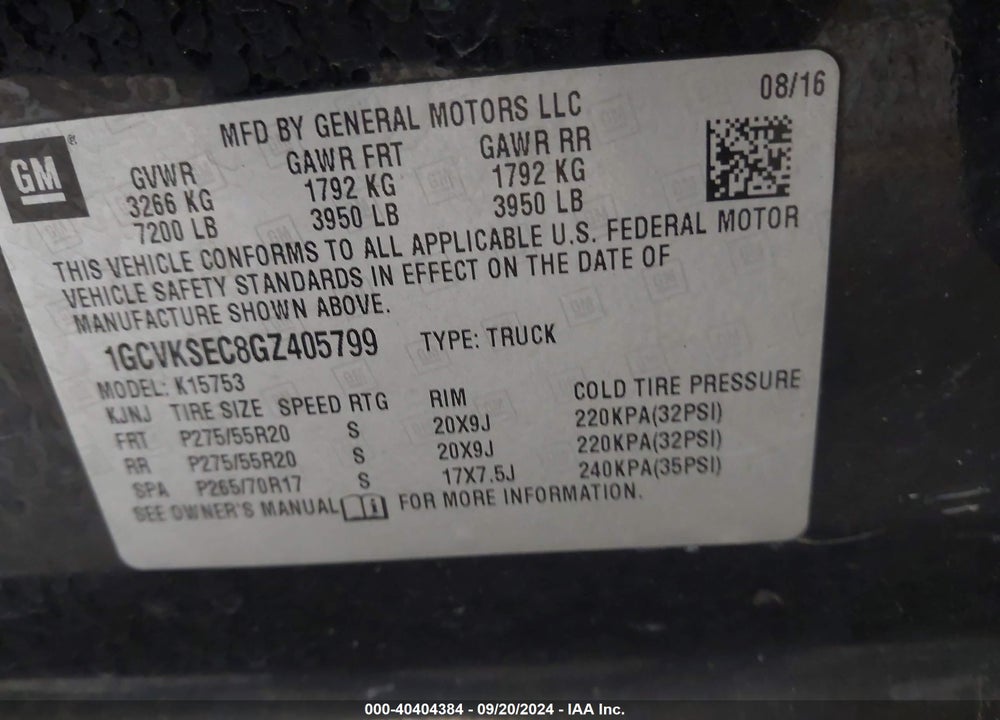 2016 CHEVROLET SILVERADO 1500 2LZ VIN: 1GCVKSEC8GZ405799