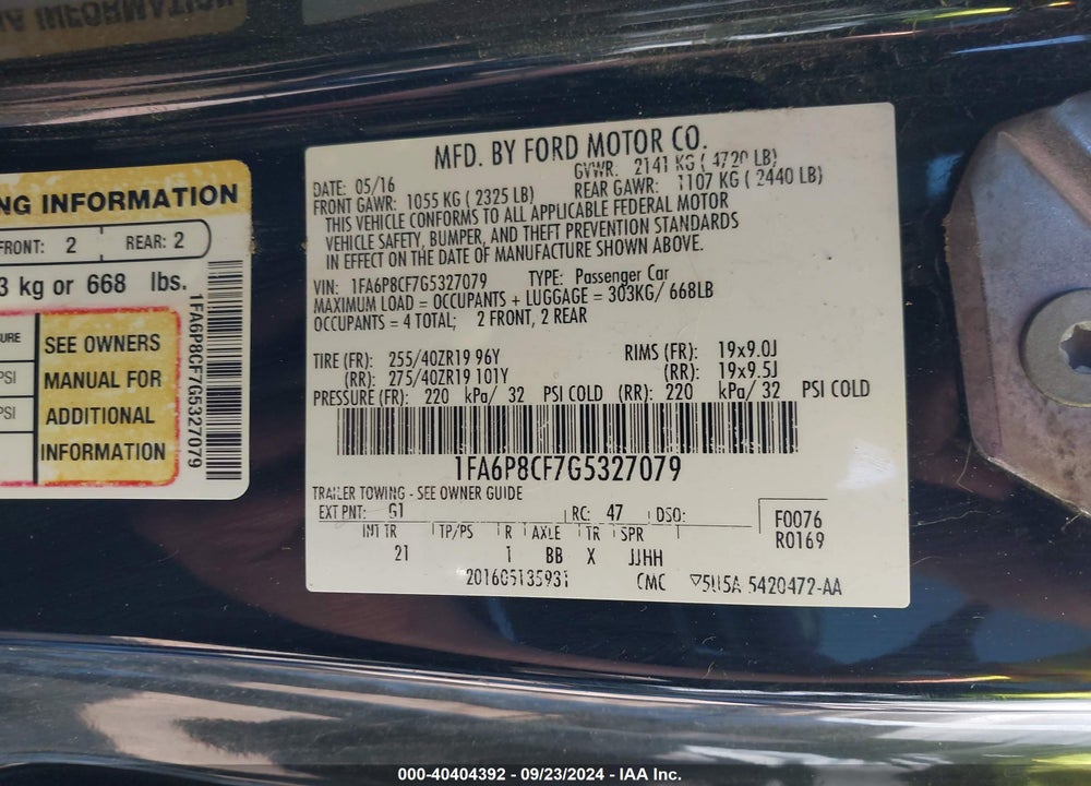 2016 FORD MUSTANG GT VIN: 1FA6P8CF7G5327079