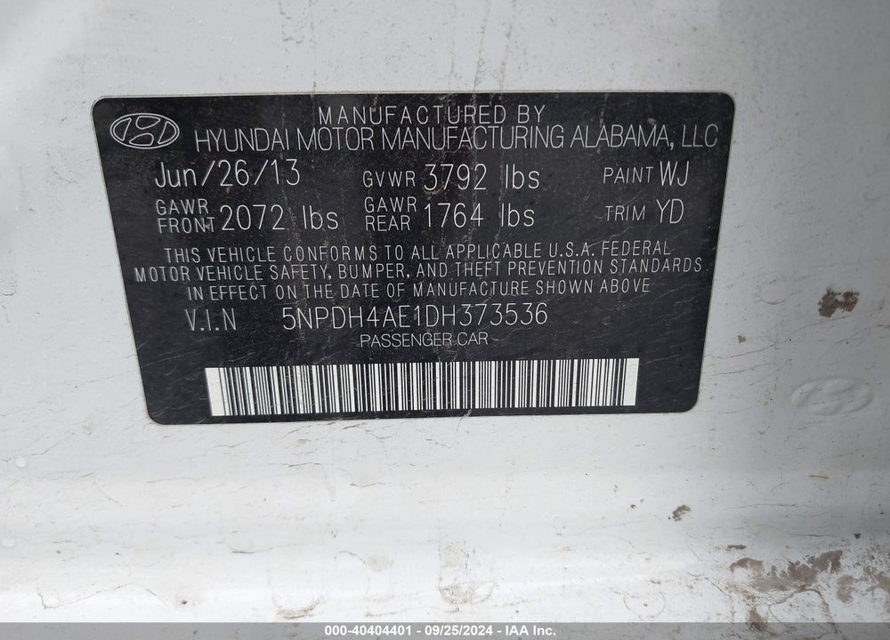 2013 HYUNDAI ELANTRA VIN: 5NPDH4AE1DH373536