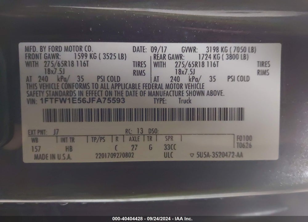 2018 FORD F-150 LARIAT VIN: 1FTFW1E56JFA75593