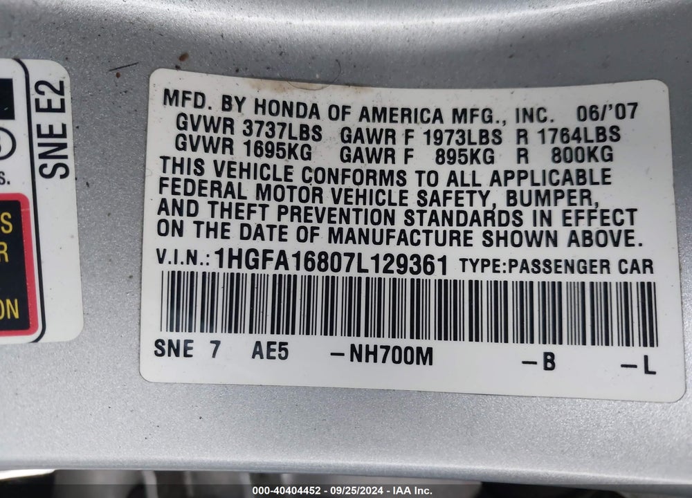 2007 HONDA CIVIC EX VIN: 1HGFA16807L129361
