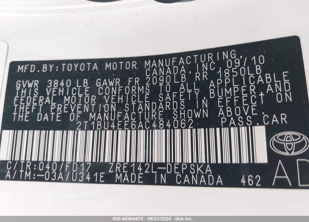 2010 TOYOTA COROLLA S VIN: 2T1BU4EE6AC484062