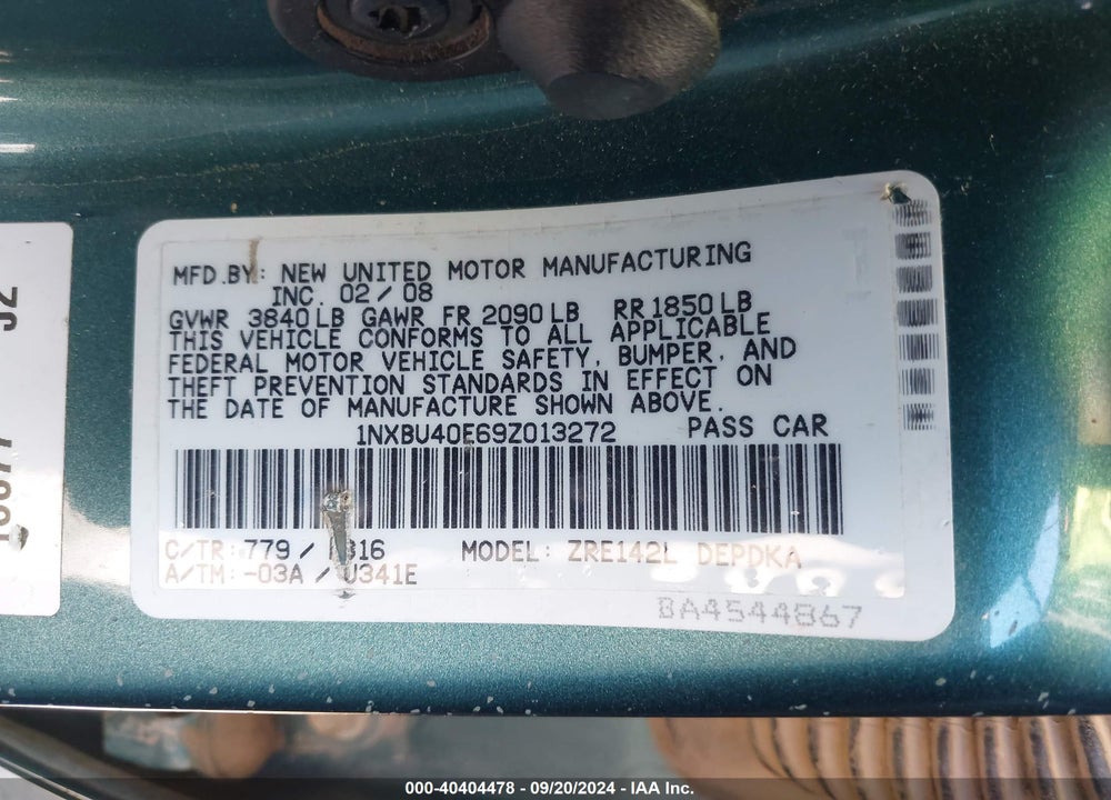 2009 TOYOTA COROLLA VIN: 1NXBU40E69Z013272