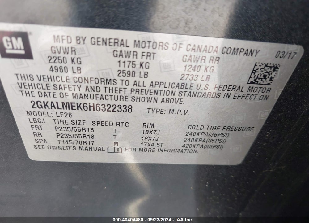 2017 GMC TERRAIN SLE-1 VIN: 2GKALMEK6H6322338