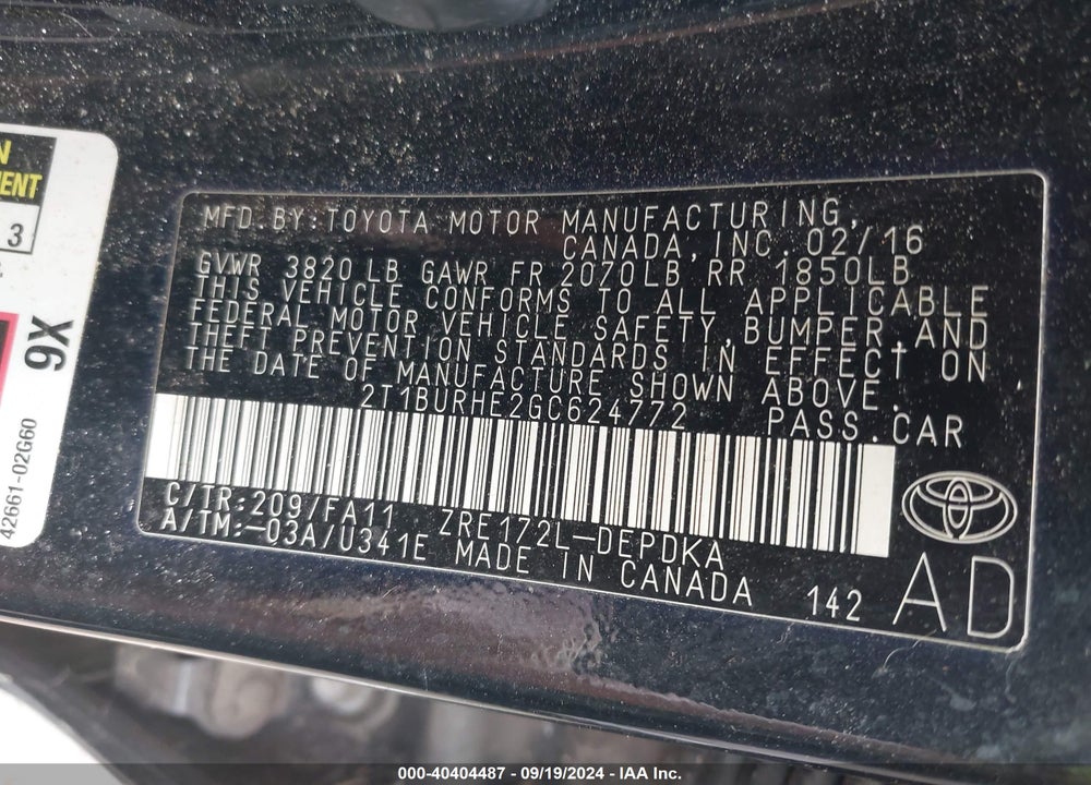 2016 TOYOTA COROLLA L VIN: 2T1BURHE2GC624772