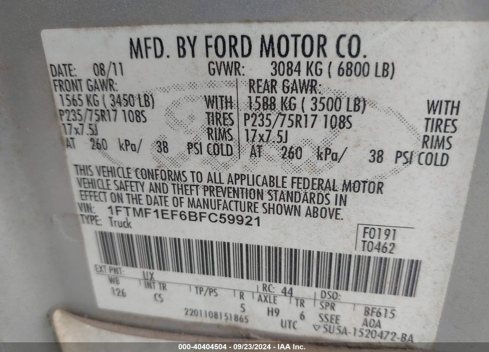 2011 FORD F-150 XL VIN: 1FTMF1EF6BFC59921