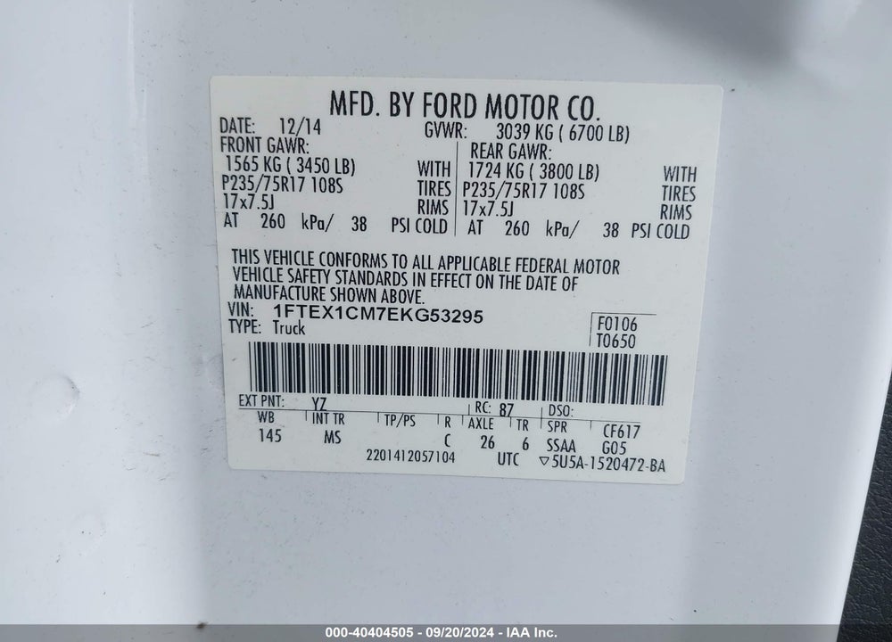 2014 FORD F-150 XLT VIN: 1FTEX1CM7EKG53295