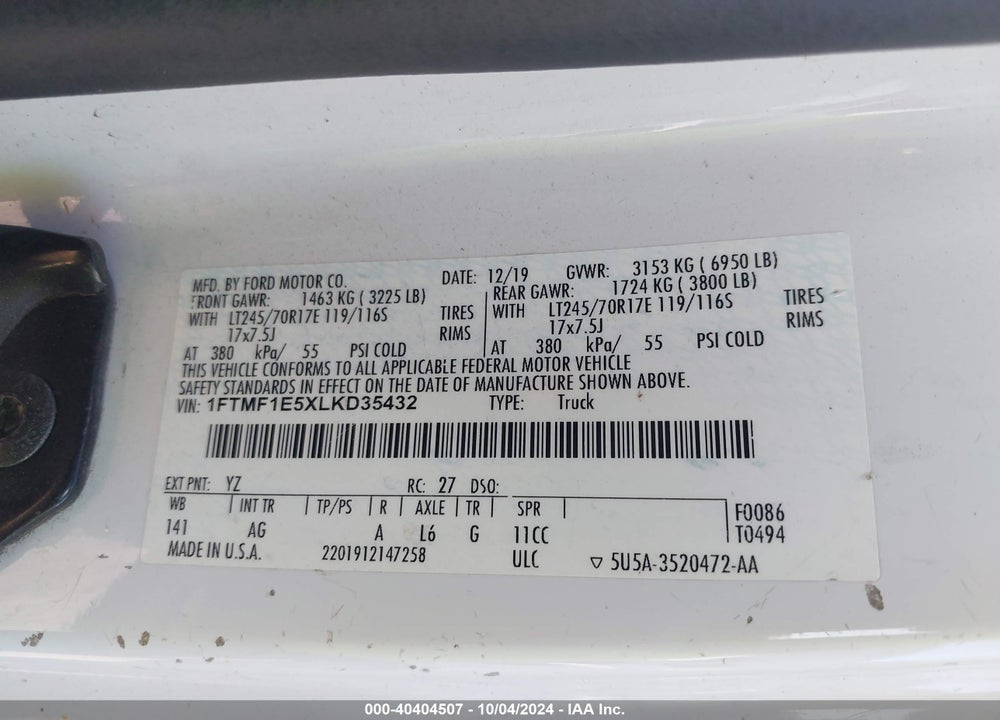 2020 FORD F-150 XL VIN: 1FTMF1E5XLKD35432