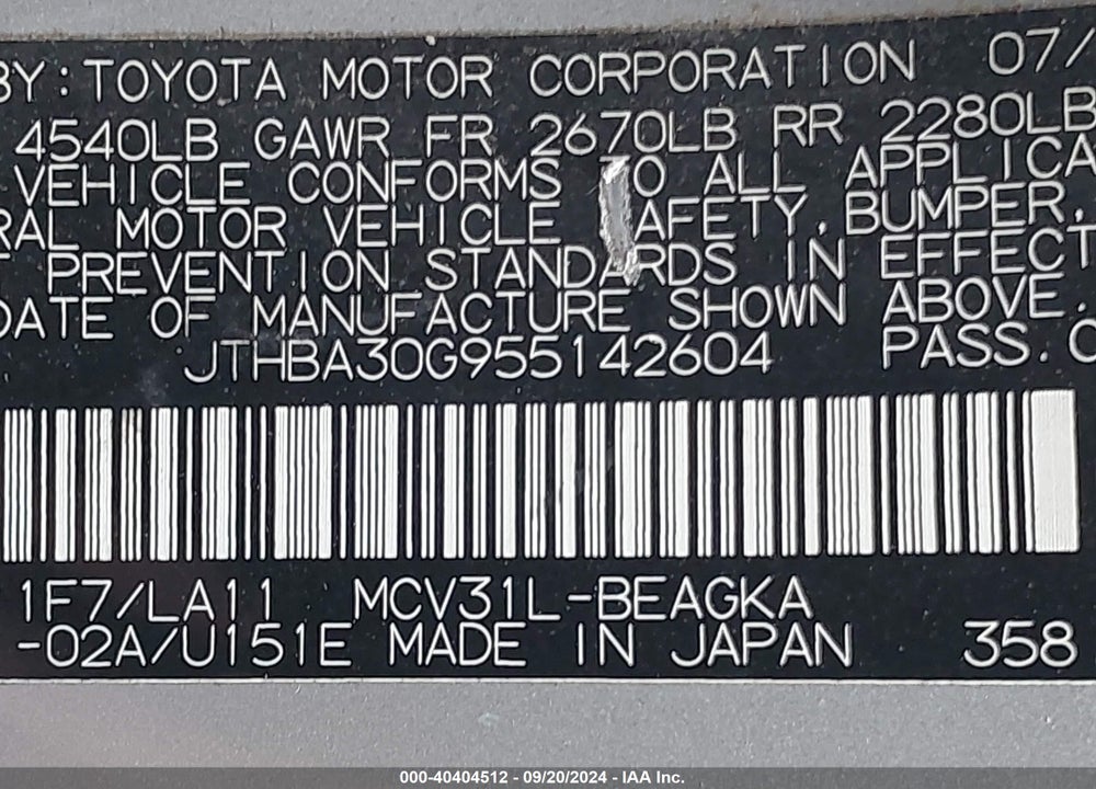 2005 LEXUS ES 330 VIN: JTHBA30G955142604