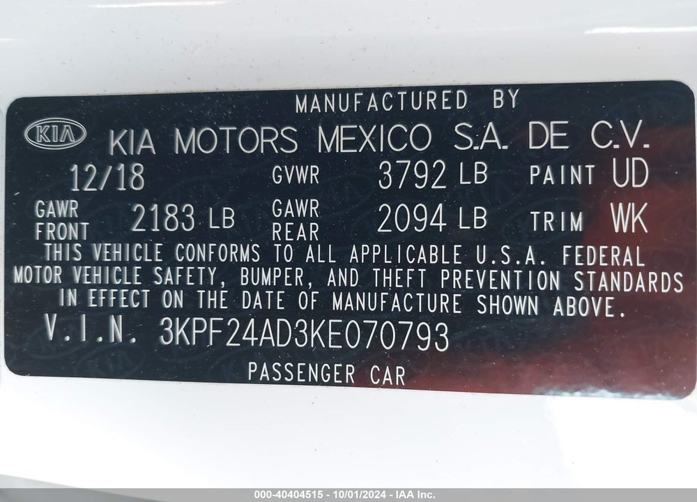 2019 KIA FORTE LXS VIN: 3KPF24AD3KE070793