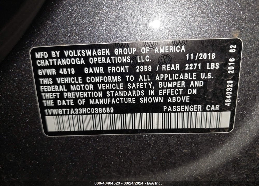 2017 VOLKSWAGEN PASSAT 1.8T SE VIN: 1VWGT7A33HC038689
