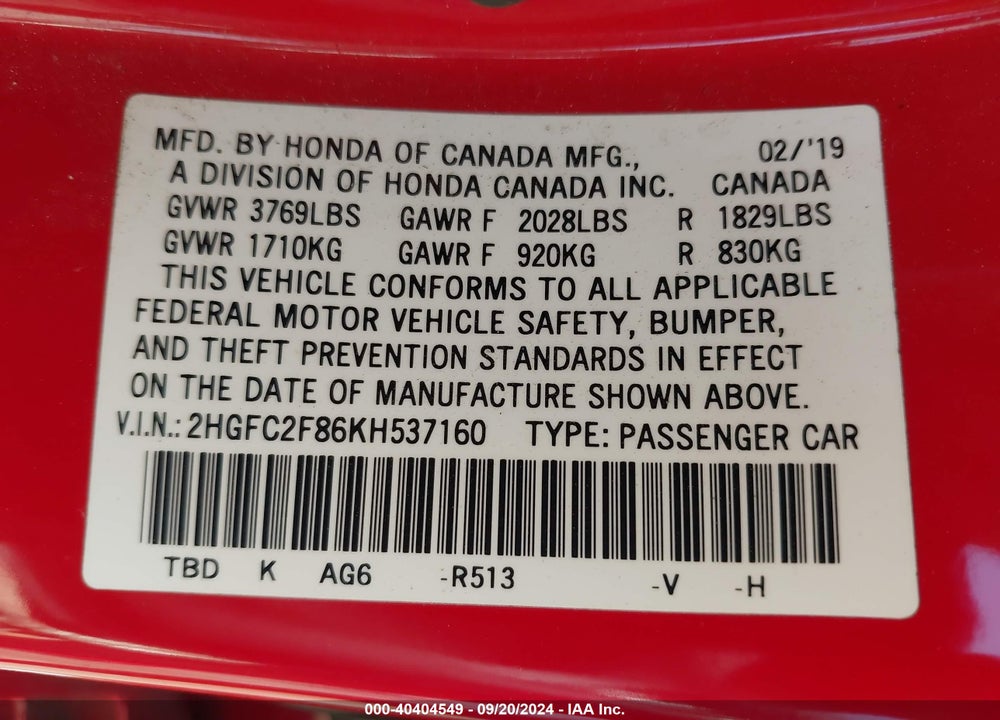 2019 HONDA CIVIC SPORT VIN: 2HGFC2F86KH537160