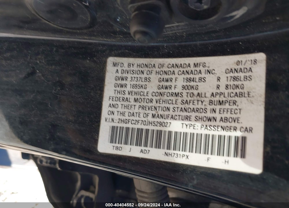 2018 HONDA CIVIC EX VIN: 2HGFC2F70JH529027