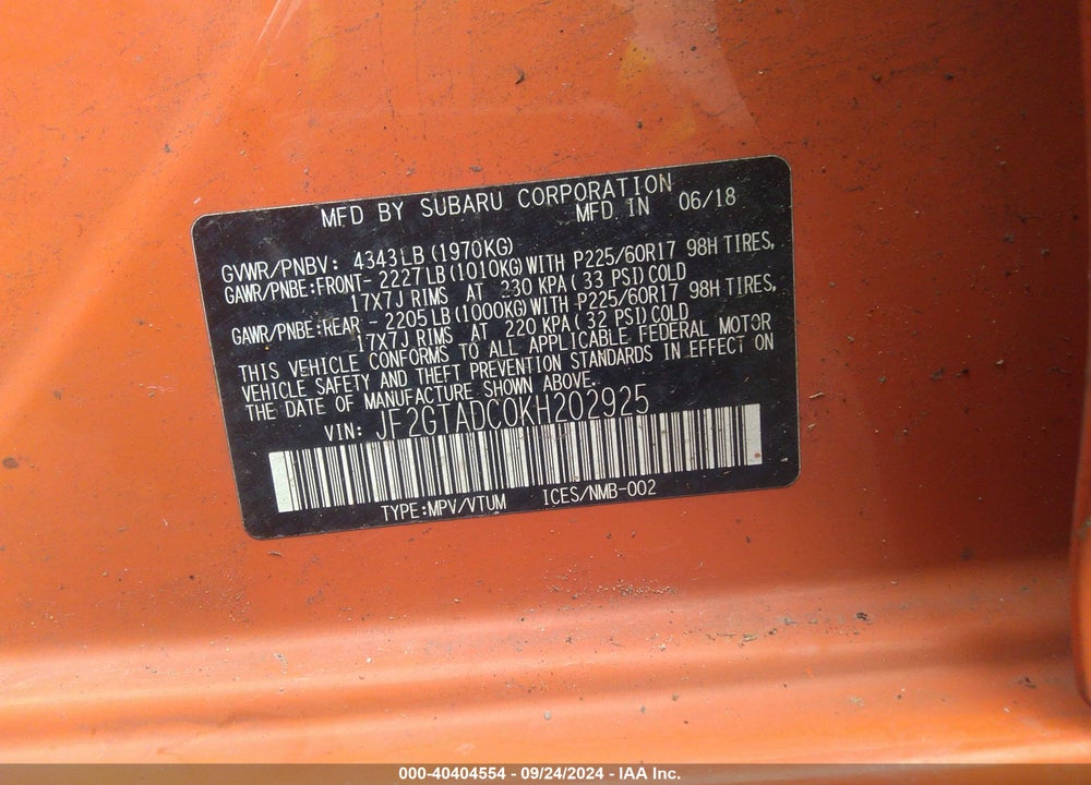 2019 SUBARU CROSSTREK 2.0I PREMIUM VIN: JF2GTADC0KH202925